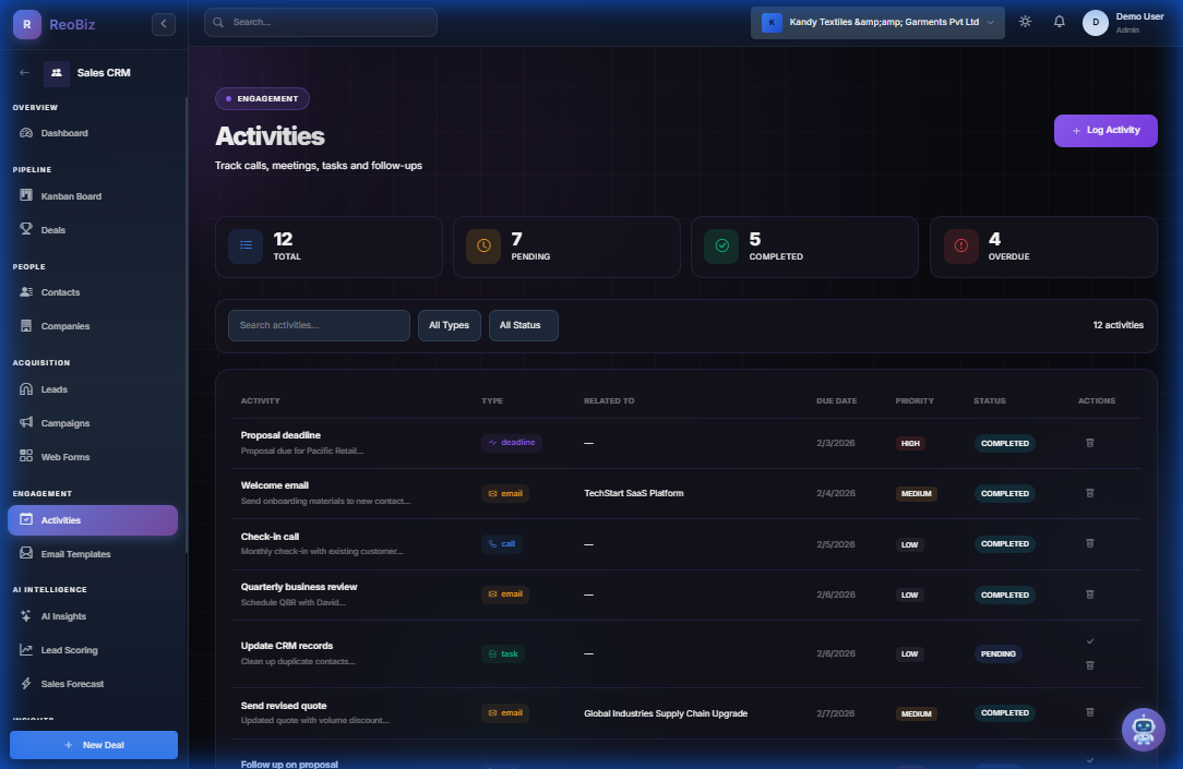 Activity tracking with calls, meetings, and tasks