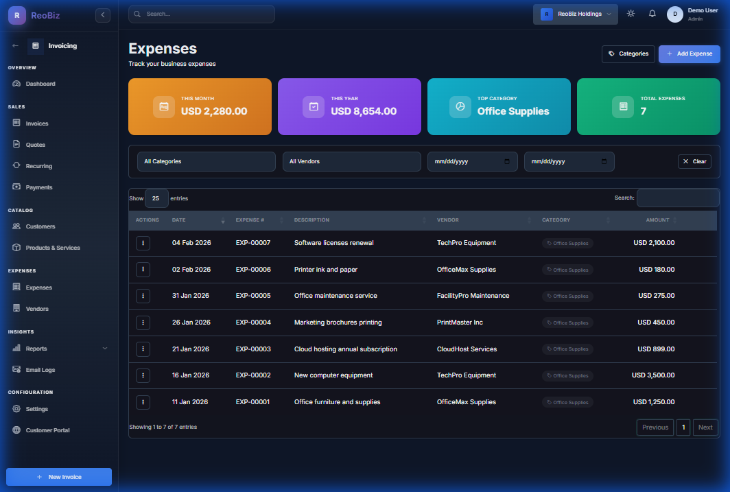 Business expense tracking with category management