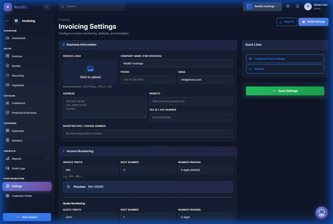 Customizable invoicing settings and templates