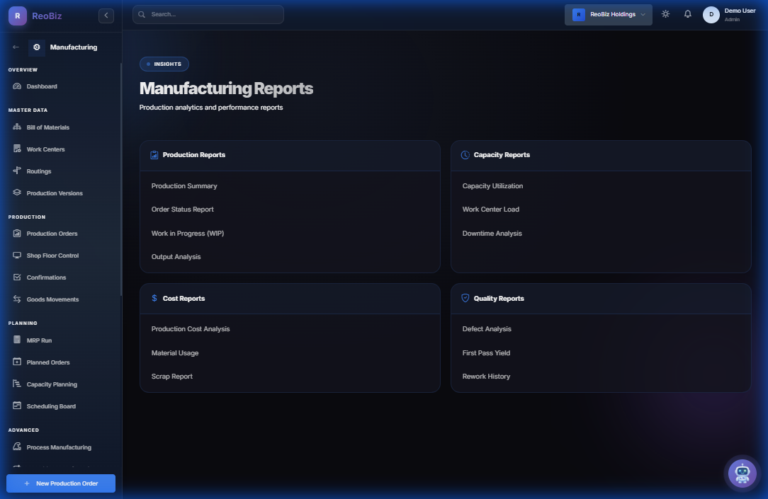Manufacturing reports and analytics