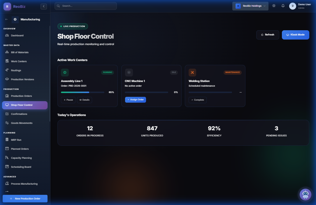 Shop floor control terminal for operators