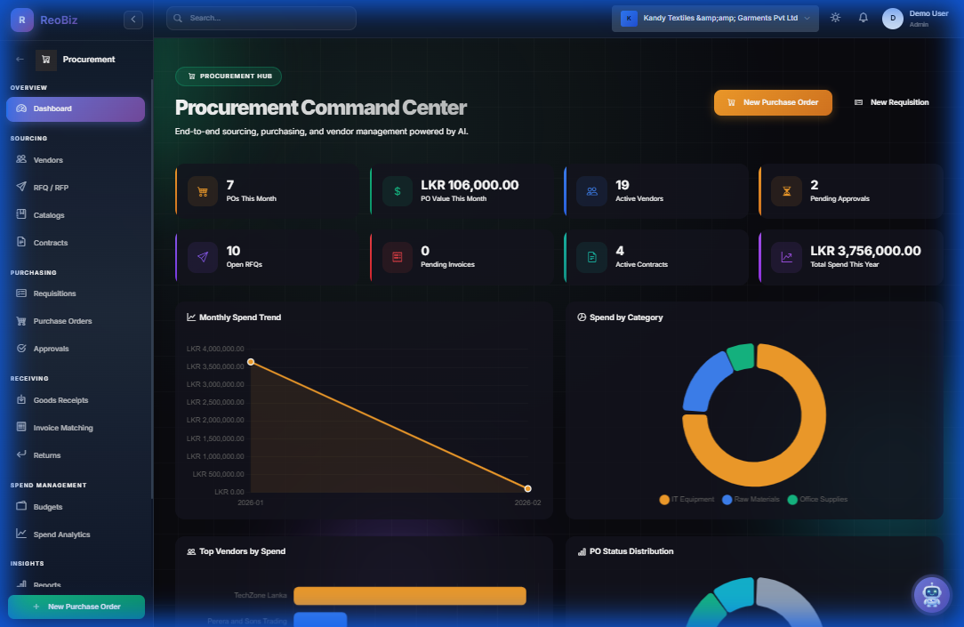 Procurement Dashboard - KPIs, spend trends, and vendor analytics