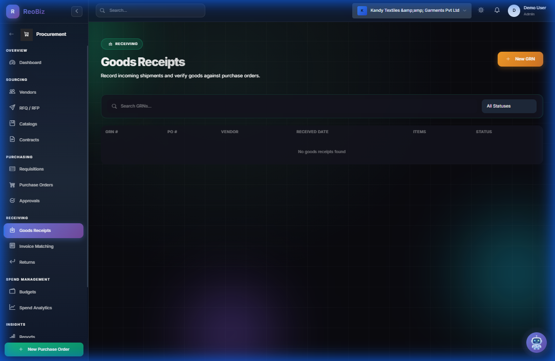 Goods Receipts with quality inspection and inventory integration