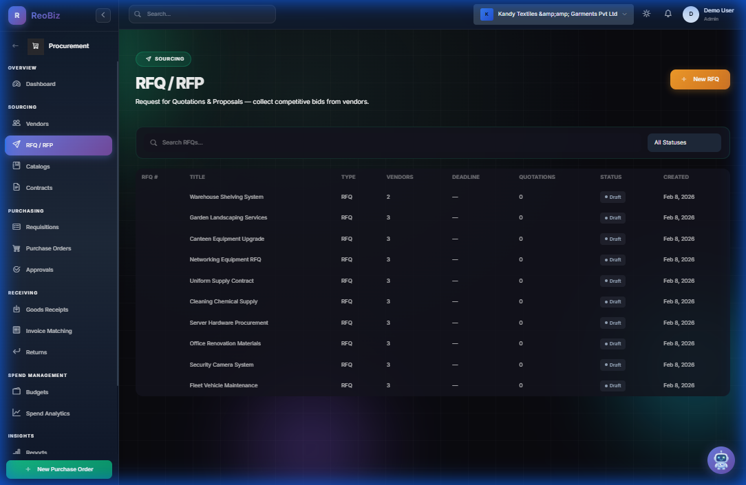 RFQ/RFP management with vendor response tracking