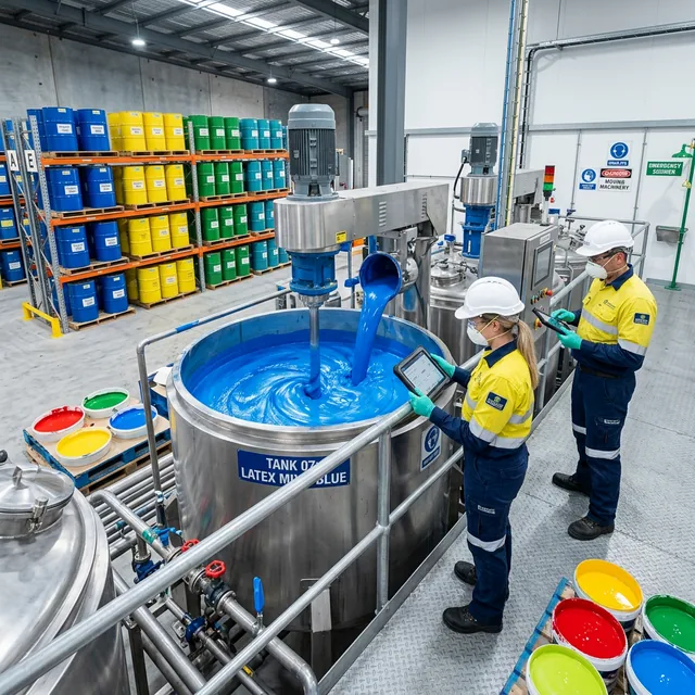 Modern chemical and paint manufacturing plant with mixing tanks