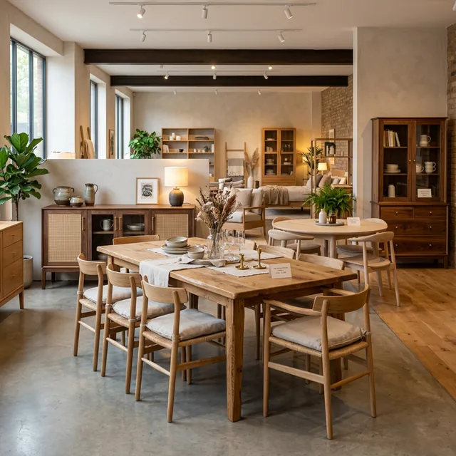 Premium handcrafted wooden furniture displayed in a showroom