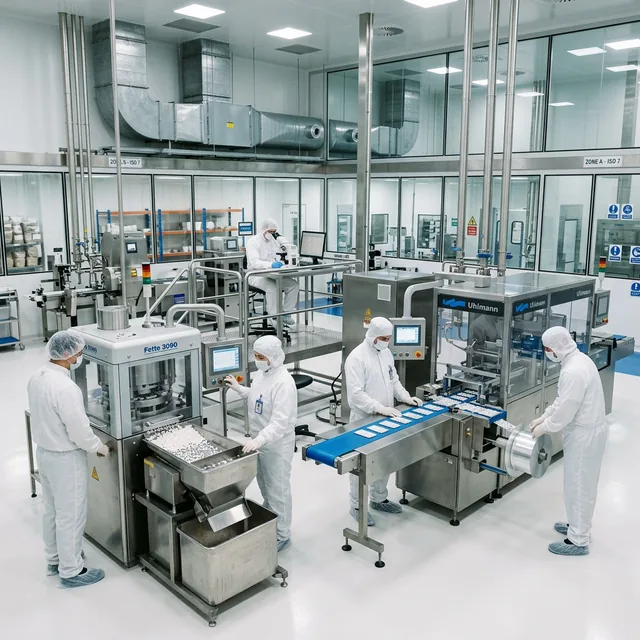 GMP-compliant pharmaceutical manufacturing facility with cleanroom operations