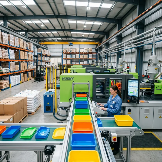 Modern plastics and rubber manufacturing facility with injection molding machines