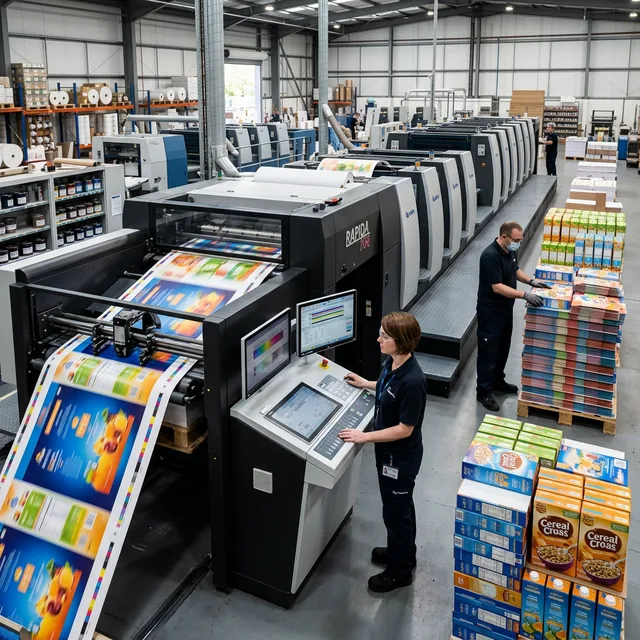 Modern offset printing machines producing colorful packaging materials