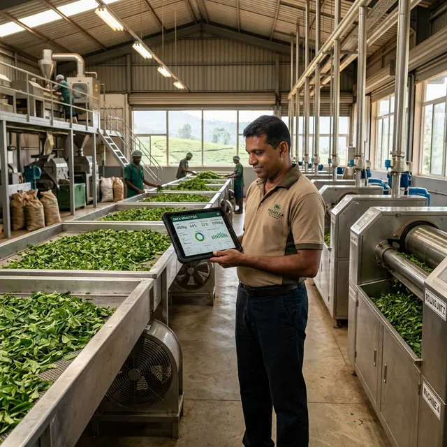 Tea factory manager using ReoBiz ERP on tablet to track manufacturing data