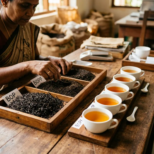 Ceylon tea grading and quality assessment - BOP and BOPF grades with tasting cups