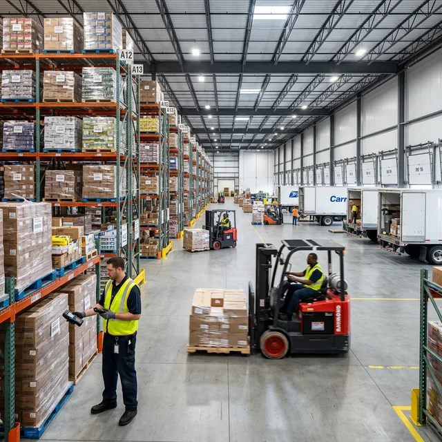 Wholesale distribution warehouse with organized shelving and forklift operations